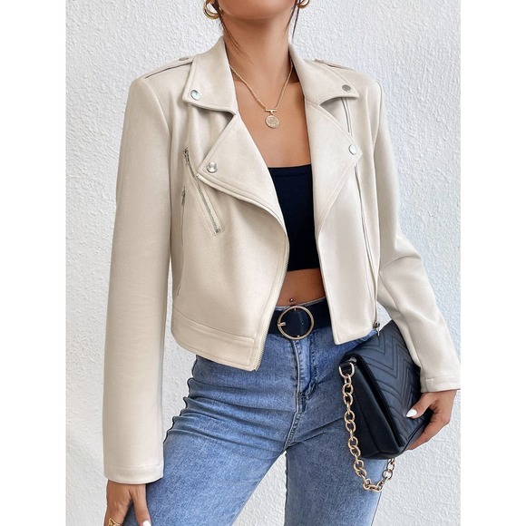 Lapel collar Zip Up vegan Moto Jacket beige cream - Picture 1 of 11